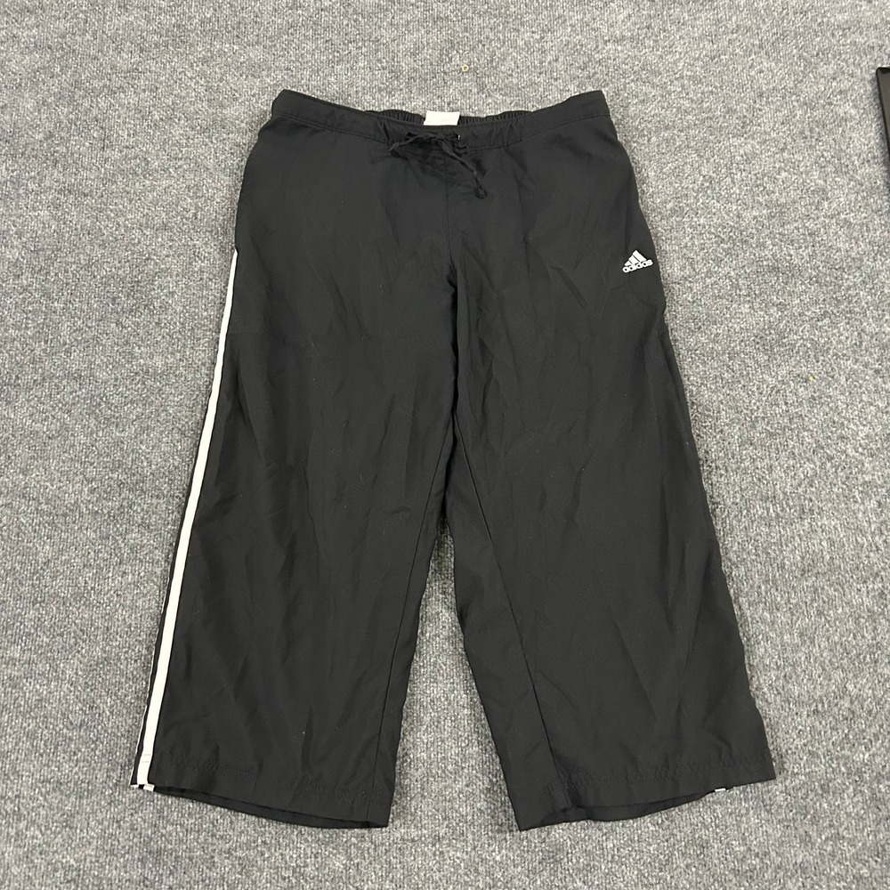 Adidas Track Pants Womens Size XL Black 3-Stripe Cropped Athletic Lightweight
